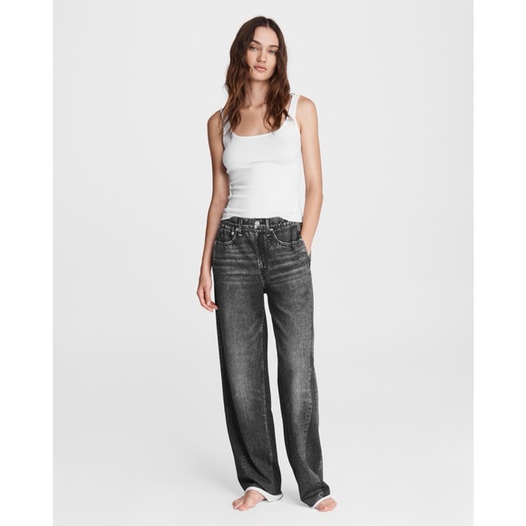 Rag & Bone Miramar Wide Leg Trompe L’oeil Cotton Pant Jeans in Washed Black - Picture 1 of 10